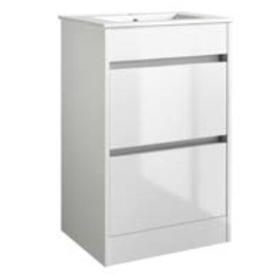 FURNITURE & MIRRORS CITY 500MM FLOOR STANDING UNIT & CERAMIC BASIN – WHITE H 830 X W 490 X D 380 FUR705CI-FUR063PU